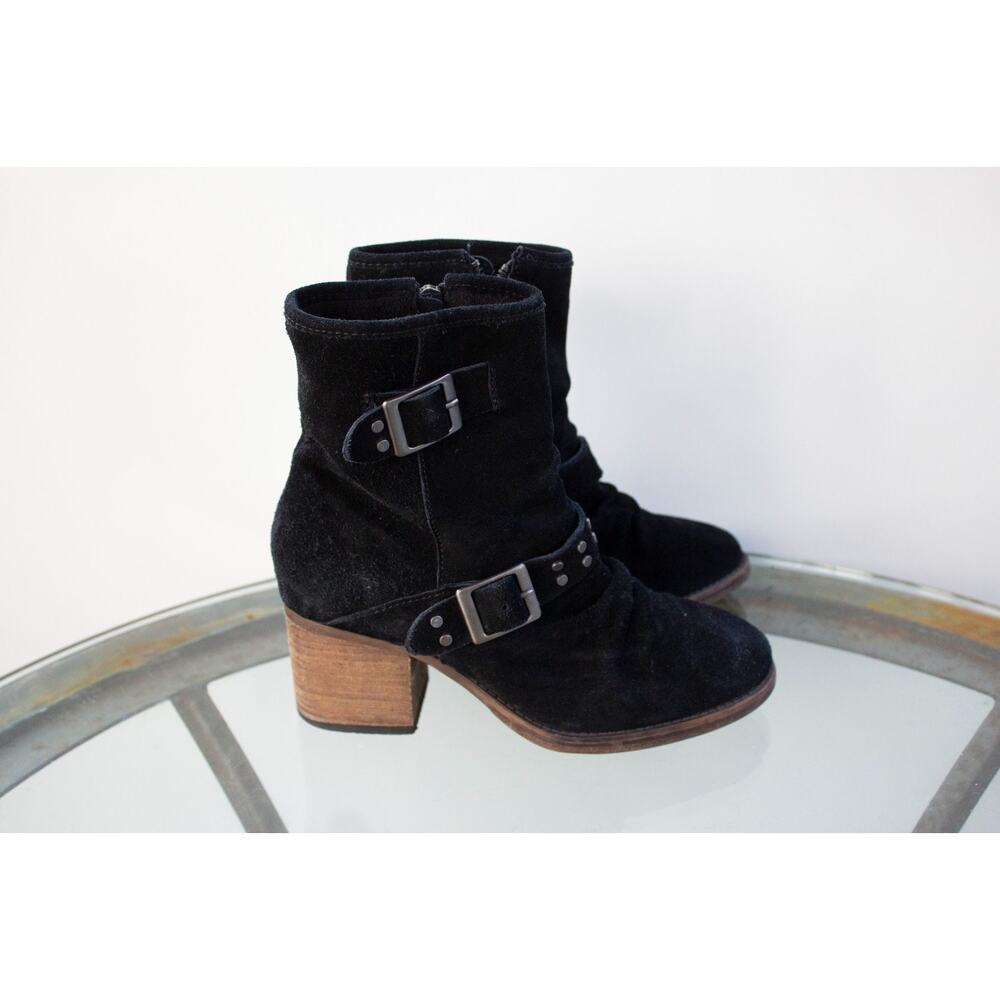 BEARPAW AMETHYST BLACK SUEDE LEATHER RUNCHED ANKLE BOOTS FUR LINING WOMENS SZ 7M